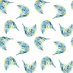 Exotic blue palm leaves seamless pattern watercolor illustration isolated.