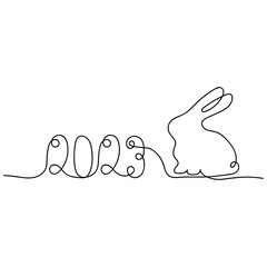 Continuous one line drawing of Rabbit, 2023 year. Doodle Vector illustration