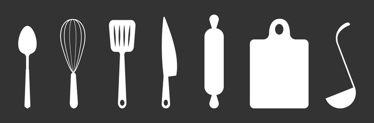 Set of black silhouettes kitchen tools fork spoon knife rolling pin ladle board for cutting culinary banner with place for your text vector illustration isolated on white background