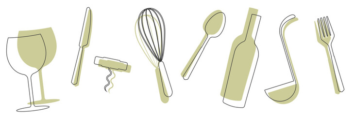 Set of  silhouettes kitchen tools fork spoon knife rolling pin ladle board for cutting culinary banner with place for your text vector illustration isolated on white background