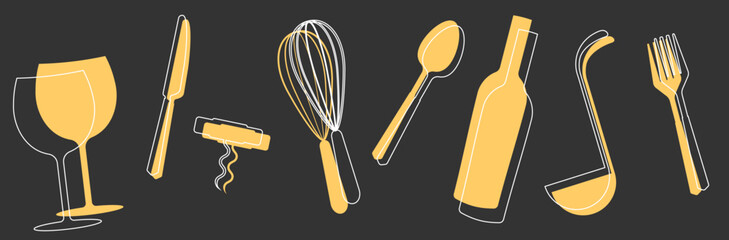 Set of  silhouettes kitchen tools fork spoon knife rolling pin ladle board for cutting culinary banner with place for your text vector illustration isolated on white background