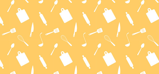 pattern seamless silhouettes kitchen tools fork spoon knife rolling pin ladle culinary banner	
