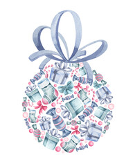 Set of ornament Christmas balls. watercolor illustration isolated on white background.Greeting card template for Christmas and New Year.