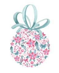 Set of ornament Christmas balls. watercolor illustration isolated on white background.Greeting card template for Christmas and New Year.