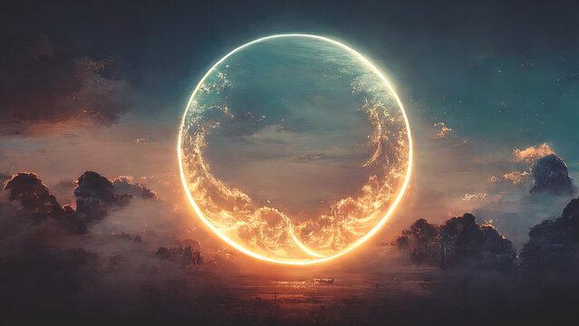Abstract fantasy neon space landscape. Star nebulae, month and moon, mountains, fog. Unreal fantasy world. Silhouettes, horoscope, zodiac signs. 3D illustration.