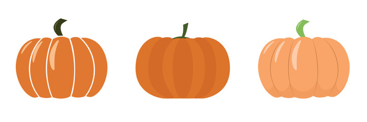 Pumpkins of different shades set. Harvest Festival. Autumn harvest. Vegetables. Environmentally friendly product. Isolated objects on a white background. Vector illustration. Halloween