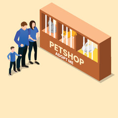 Family adopting pet isometric 3d vector illustration concept for banner, website, illustration, landing page, flyer, etc.