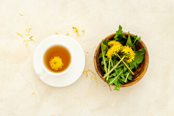 Herbal tea with meadow yellow dandelions blossoms and leaves