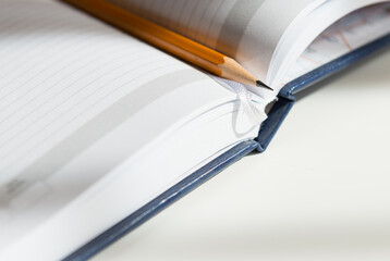 The pencil is on the open diary