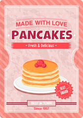 Vintage poster for breakfast with delicious stack of pancakes on pink background for print in retro style, design template for cafe
