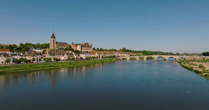 Gien, Loiret, France. Aerial view castle and the church overlooking the Loire river. French medieval city in France in the suburbs of Paris