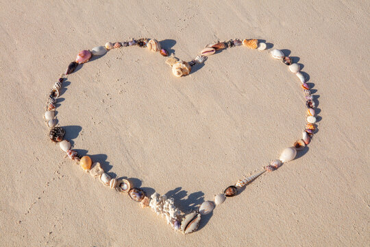 Shells in a heart shape symbolising love on a tropical sandy beach evoking feelings of love, romance and honeymoon