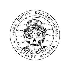 Skeleton man ride on the boards. Skateboard shop emblem. Skull in a cap. Vintage retro label and badge for t-shirts and typography. Hand Drawn engraved sketch.