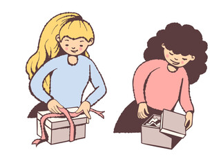 Two girls are unpacking presents.