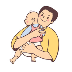 A young happy dad with a baby in his arms. Vector illustration with cartoon style.