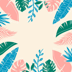 Hand-drawn tropical background. Summer tropical banner. Modern colorful background.	
