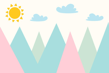 The mountains. Landscape. Abstraction. Hand drawn vector. Bright colorful mountains, sun and clouds. Children's wallpaper.