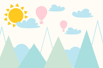 Obraz na płótnie Canvas The mountains. Landscape. Abstraction. Hand drawn vector. Bright colorful mountains, sun and clouds. Children's wallpaper.