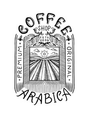 Obraz premium Coffee plantation landscape. Vintage retro badge or logo and emblem. Hand Drawn engraved sketch. Templates for shop or t-shirts.