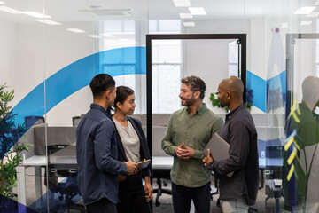 Businesspeople on their way to a meeting in a corporate office