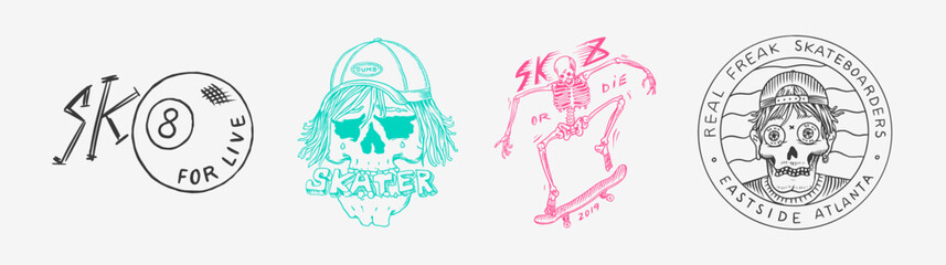 Skateboard shop set. Skeletons ride on the boards. Fiery head and skull. Vintage retro labels and badges for t-shirts and typography. Hand Drawn engraved sketch
