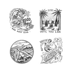 Surf badge, Vintage Surfer logo. Retro Wave and palm. Summer California pins set. Man on the surfboard, beach and sea. Engraved emblem hand drawn. Banner or poster. Sports in Hawaii.