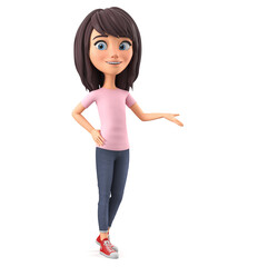 Girl cartoon character in a pink t-shirt isolated on a white background points to an empty space with her hand. 3d rendering illustration.