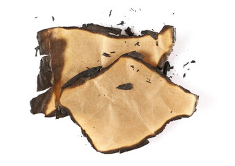Burned old paper, frame  cardboard isolated on white, top view