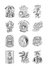 Set of coffee in vintage style. Woman and man with a cup of drink. Vintage badge or logo set for t-shirts, typography, shop or signboards. Beans and leaves. Hand Drawn engraved sketch. 
