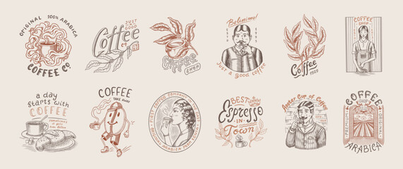 Set of coffee in vintage style. Woman and man with a cup of drink. Vintage badge or logo set for t-shirts, typography, shop or signboards. Beans and leaves. Hand Drawn engraved sketch. 