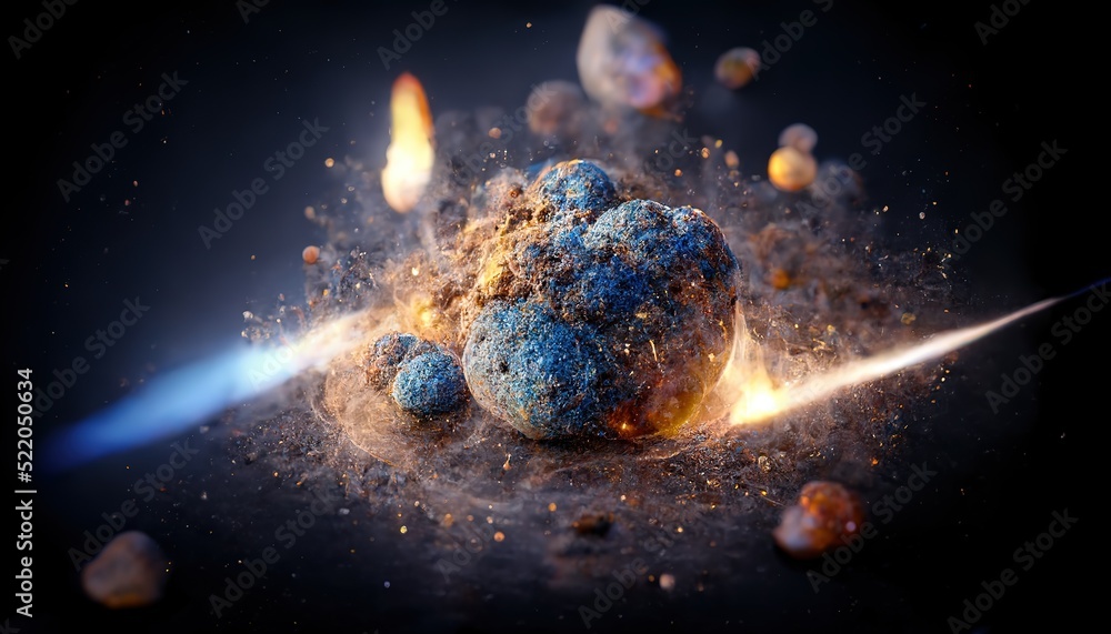 Poster Fantastic explosion of a planet, an asteroid or a meteorite exploding with fire, flying stones in space. 3d render