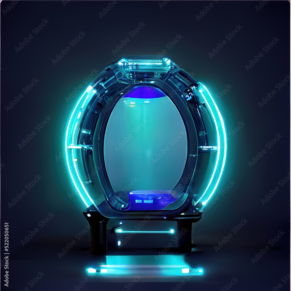 Poster A circular portal and a hologram are futuristic elements of a neon color circle. A standard podium or studio futuristic pedestal. A technological fantasy portal. 3d render