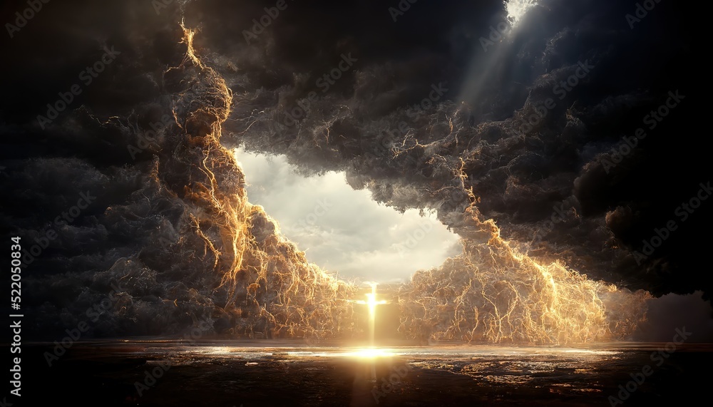 Aufkleber A stormy dark sky with black clouds and sparkling lightning from behind which the sun and direct sunlight are visible. 3d render