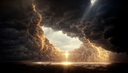 A stormy dark sky with black clouds and sparkling lightning from behind which the sun and direct sunlight are visible. 3d render - obrazy, fototapety, plakaty