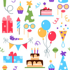 Birthday party celebration seamless pattern tile design. Colorful festive elements on white background. Balloons firework present cake cupcake. Wrapping paper wallpaper repeat art vector illustration.