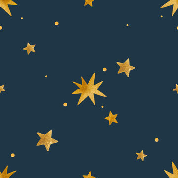 Watercolor seamless pattern with stars on dark blue.
