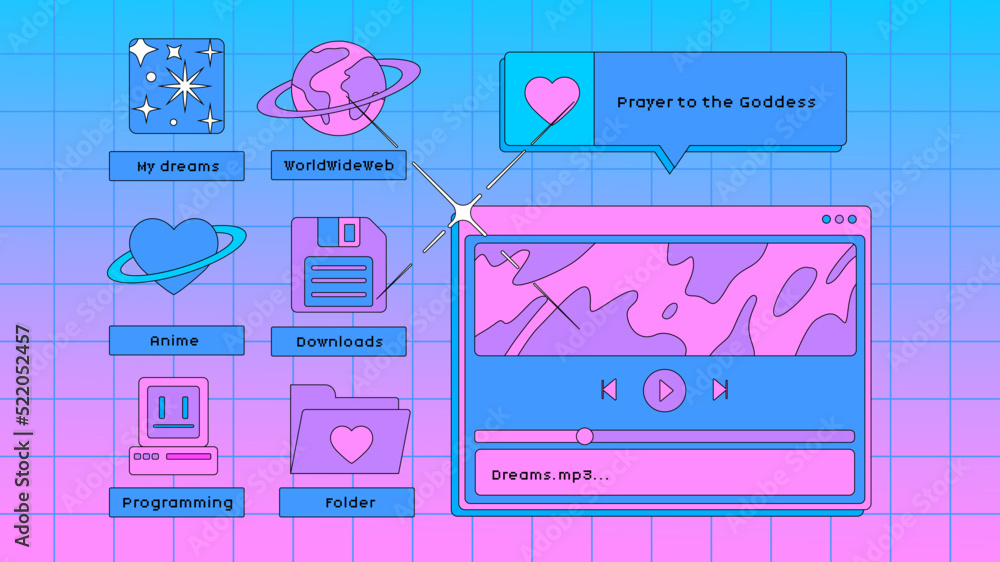 Poster Set of user interface elements in retro y2k vaporwave style.