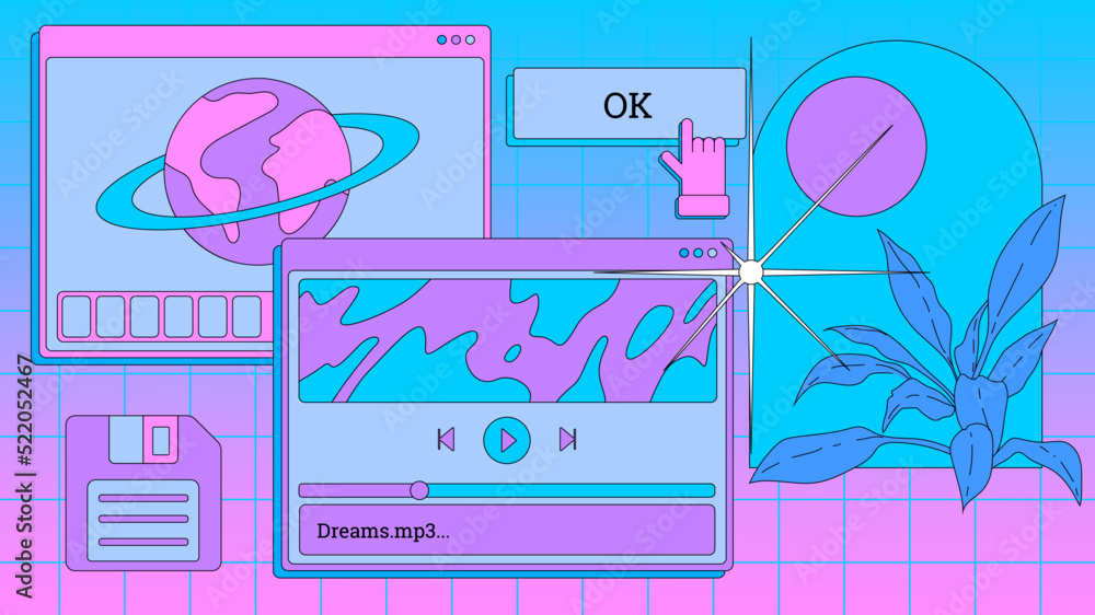 Poster Vaporwave retro desktop with user interface elements. Modern anime illustrations in nostalgic colorful style of the 80s and 90s.