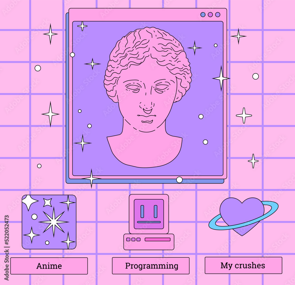 Poster Vaporwave retro desktop with user interface elements. Vintage comics illustrations in nostalgic colorful style of the 80s and 90s.