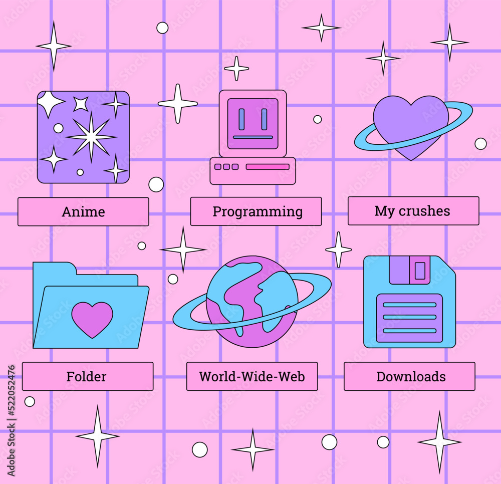 Poster Set of user interface elements in retro y2k vaporwave style.