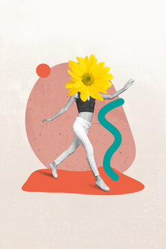 Retro banner collage of active lady jump run with yellow blooming flower isolated on painted colorful background