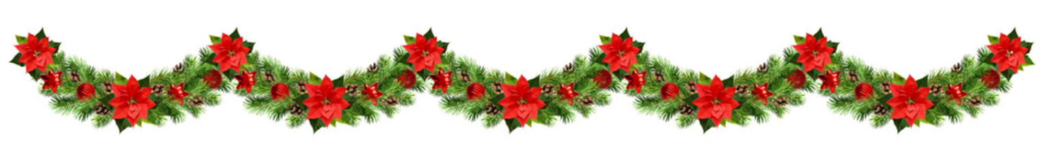 Christmas waved garland with red pionsettia flower, pine twigs and decorations - obrazy, fototapety, plakaty