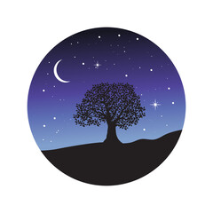 tree, mountain, moon and stars, vector