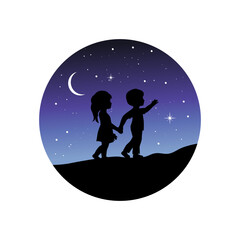 kids and starry night, vector