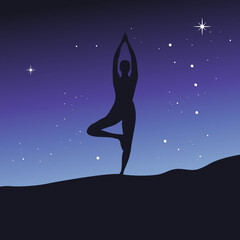 starry night and woman practicing yoga 