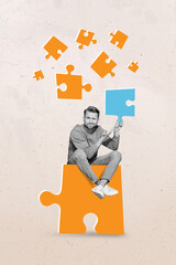 Creative banner collage of guy sit on big jigsaw piece confused with blue unsuitable part unfit...