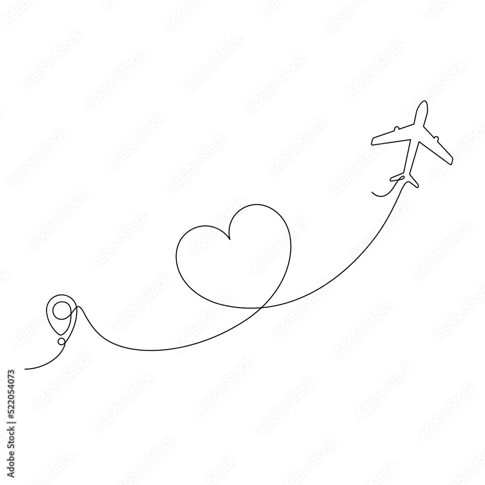 Poster airplane continuous line drawing with map pin pointer in heart shape. airplane flying with start poi