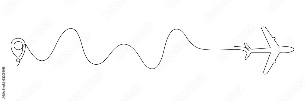 Poster airplane continuous line drawing with map pin pointer. airplane flying with start point. vector isol