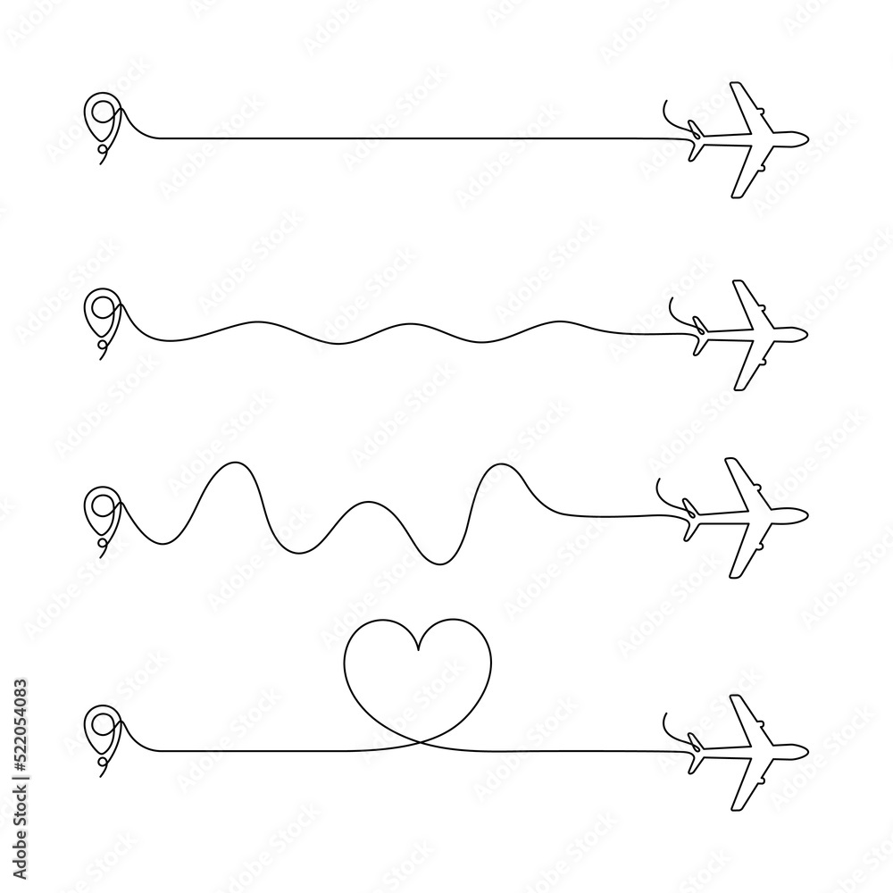 Poster airplane continuous line drawing with map pin pointer set. airplane flying with start point collecti