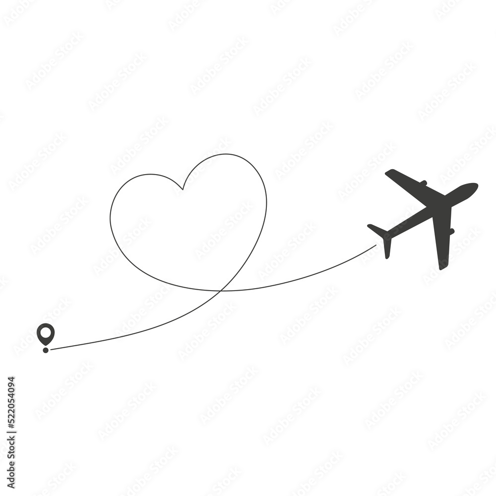 Poster airplane fly in line route heart shape. flying air plane with start pin pointer. vector isolated on 